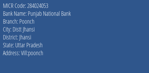 Punjab National Bank Poonch Branch Address Details and MICR Code 284024053