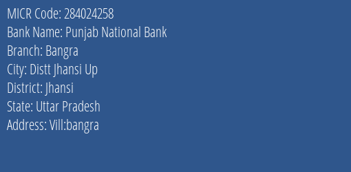 Punjab National Bank Bangra Branch Address Details and MICR Code 284024258