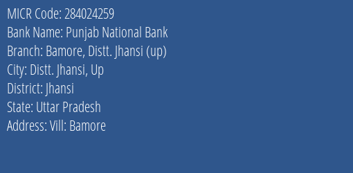 Punjab National Bank Bamore Distt. Jhansi Up Branch Address Details and MICR Code 284024259