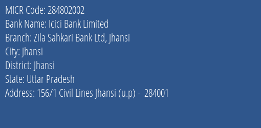 Zila Sahakari Bank Ltd Jhansi Civil Lines MICR Code
