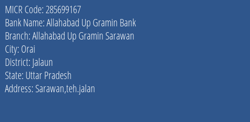 Allahabad Up Gramin Bank Allahabad Up Gramin Sarawan MICR Code
