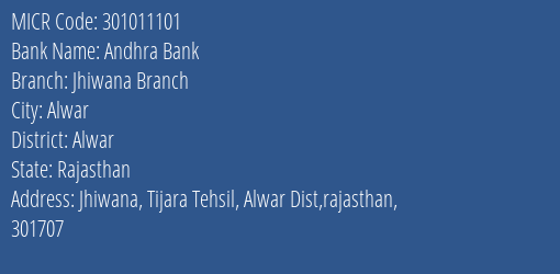 Andhra Bank Jhiwana Branch MICR Code