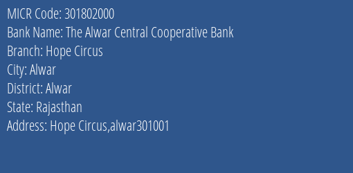 The Alwar Central Cooperative Bank Hope Circus Branch Address Details and MICR Code 301802000