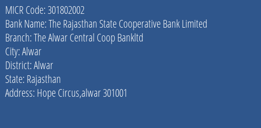 The Alwar Central Cooperative Bank Hope Circus Branch Address Details and MICR Code 301802002