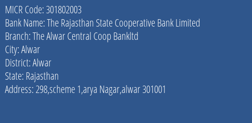 The Alwar Central Cooperative Bank Arya Nagar Branch Address Details and MICR Code 301802003