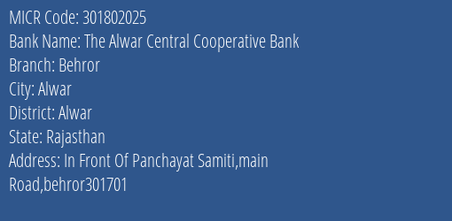 The Rajasthan State Cooperative Bank Limited The Alwar Central Coop Bankltd MICR Code