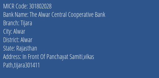 The Alwar Central Cooperative Bank Tijara Branch Address Details and MICR Code 301802028