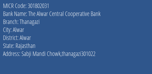 The Alwar Central Cooperative Bank Thanagazi Branch Address Details and MICR Code 301802031