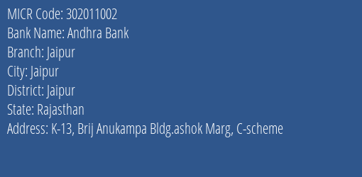 Andhra Bank Jaipur Branch Address Details and MICR Code 302011002
