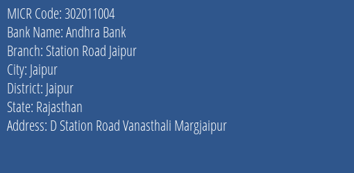 Andhra Bank Station Road Jaipur Branch Address Details and MICR Code 302011004