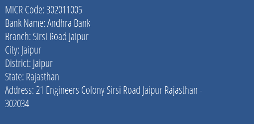 Andhra Bank Sirsi Road Jaipur Branch Address Details and MICR Code 302011005
