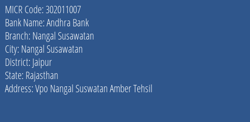 Andhra Bank Nangal Susawatan Branch Address Details and MICR Code 302011007