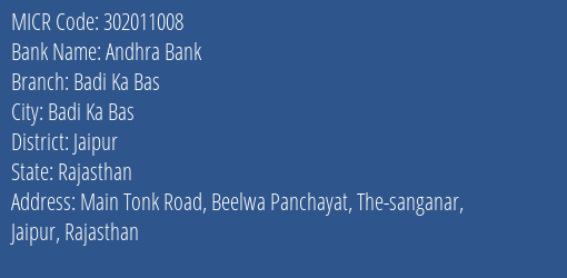 Andhra Bank Badi Ka Bas Branch Address Details and MICR Code 302011008