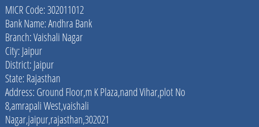 Andhra Bank Vaishali Nagar Branch Address Details and MICR Code 302011012