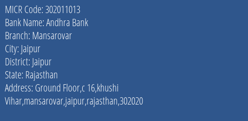 Andhra Bank Mansarovar Branch Address Details and MICR Code 302011013