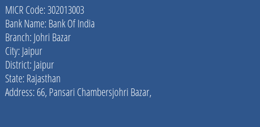 Bank Of India Johri Bazar MICR Code