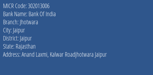 Bank Of India Jhotwara MICR Code