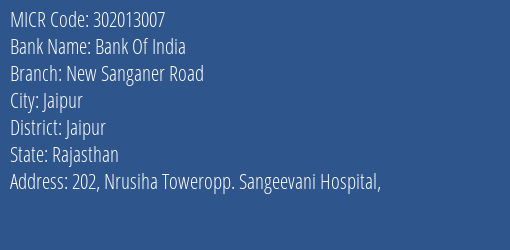 Bank Of India New Sanganer Road MICR Code