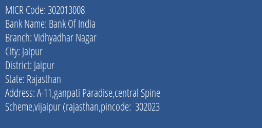 Bank Of India Vidhyadhar Nagar MICR Code