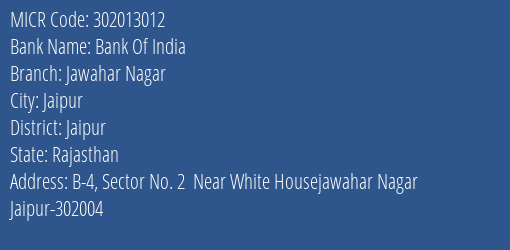 Bank Of India Jawahar Nagar MICR Code