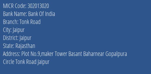 Bank Of India Tonk Road MICR Code