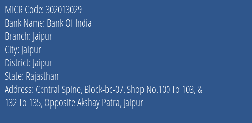 Bank Of India Jaipur MICR Code