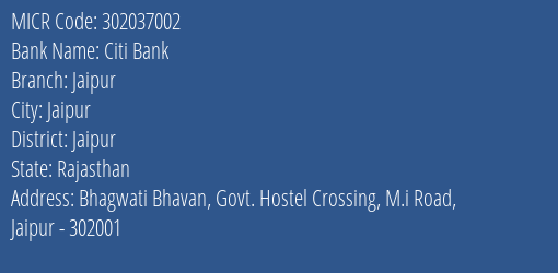 Citi Bank Jaipur Branch Address Details and MICR Code 302037002