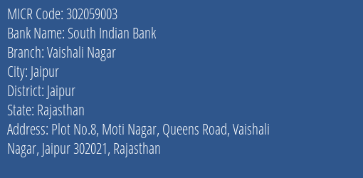 South Indian Bank Vaishali Nagar MICR Code