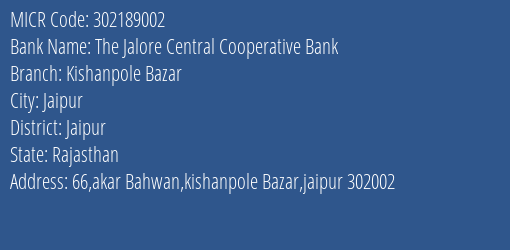 The Jalore Central Cooperative Bank Kishanpole Bazar MICR Code