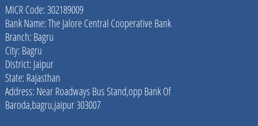 The Jalore Central Cooperative Bank Bagru MICR Code
