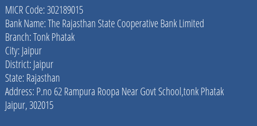 The Rajasthan State Cooperative Bank Limited Tonk Phatak MICR Code