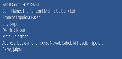 The Rajlaxmi Mahila Uc Bank Ltd Tripoloia Bazar MICR Code