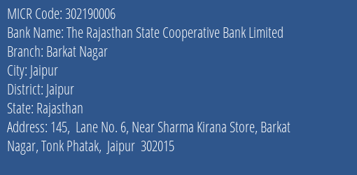 The Rajasthan State Cooperative Bank Limited Barkat Nagar MICR Code