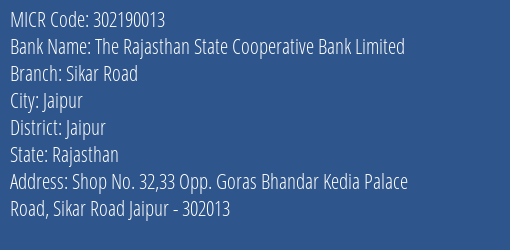 The Rajasthan State Cooperative Bank Limited Sikar Road MICR Code