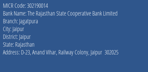 The Rajasthan State Cooperative Bank Limited Jagatpura MICR Code