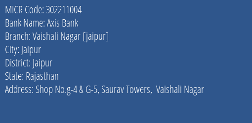 Axis Bank Vaishali Nagar [jaipur] MICR Code