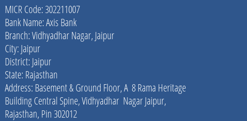 Axis Bank Vidhyadhar Nagar Jaipur MICR Code