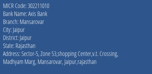Axis Bank Mansarovar MICR Code