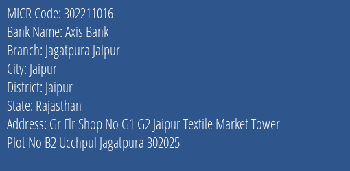 Axis Bank Jagatpura Jaipur MICR Code