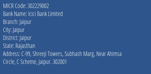 Icici Bank Limited Jaipur MICR Code