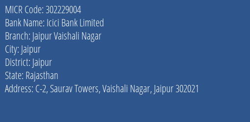 Icici Bank Limited Jaipur Vaishali Nagar MICR Code