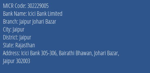 Icici Bank Limited Jaipur Johari Bazar MICR Code