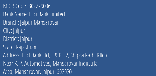 Icici Bank Limited Jaipur Mansarovar MICR Code