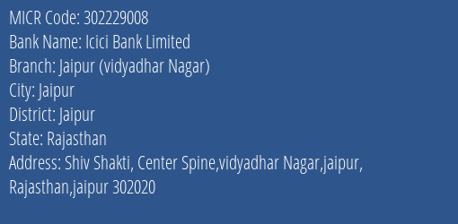 Icici Bank Limited Jaipur Vidyadhar Nagar MICR Code