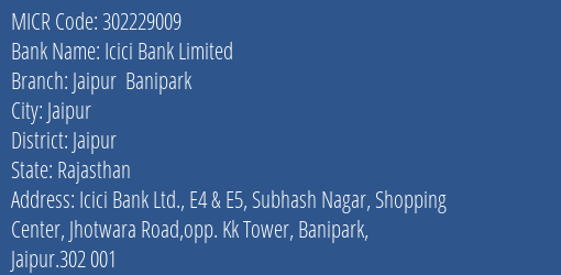 Icici Bank Limited Jaipur Banipark MICR Code