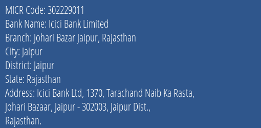 Icici Bank Limited Johari Bazar Jaipur Rajasthan MICR Code