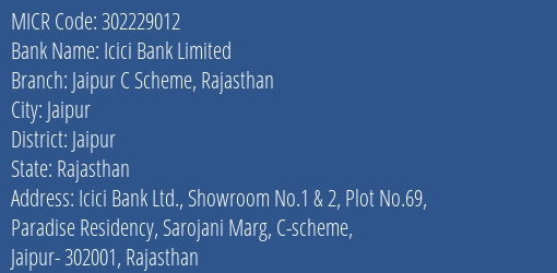 Icici Bank Limited Jaipur C Scheme Rajasthan MICR Code
