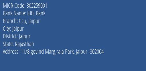 Idbi Bank Ccu Jaipur MICR Code