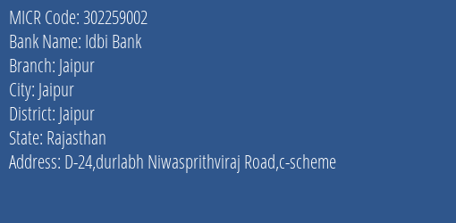 Idbi Bank Jaipur MICR Code