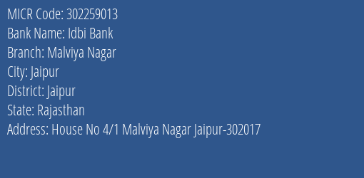 Idbi Bank Malviya Nagar MICR Code